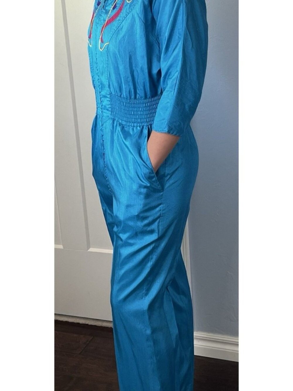 Vintage 80s Joan Walters Turquoise Art Deco Jumpsuit Smocked Zip Front Sz 6 - Picture 4 of 9
